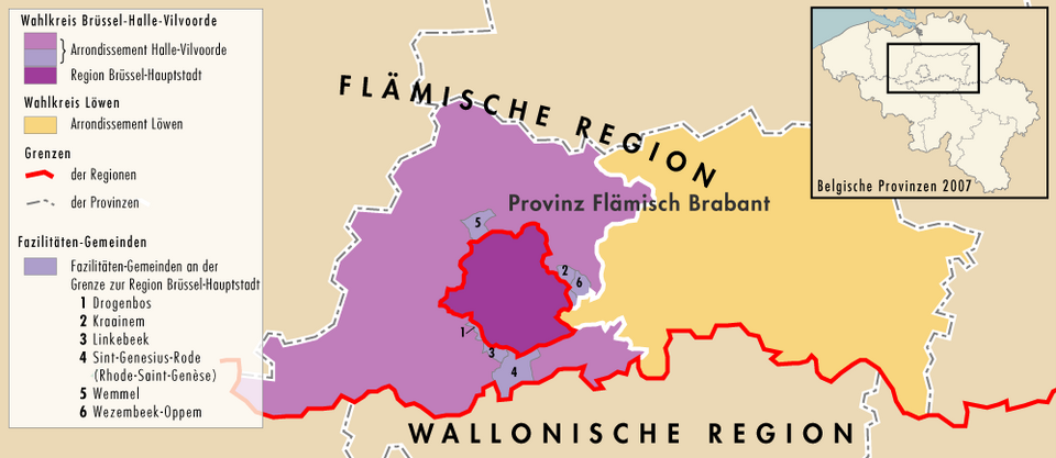 Mapa de las circunscripciones de Bruselas-Halle-Vilvoorde y Lovaina