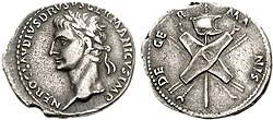 Denario romano acuñado en Lugdunum por el emperador Claudio