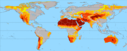 Mapa mundial de áreas terrestres con clima de tipo árido según la clasificación UNEP.
