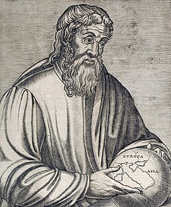 Grabado histórico del siglo XVI que representa la figura de Estrabón.
