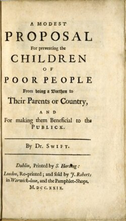 Portada de la obra Una modesta proposición escrita por Jonathan Swift en 1729