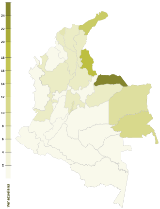 Mapa de Colombia mostrando la distribución porcentual de la población venezolana por departamentos.