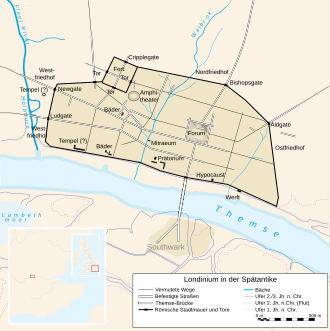 Mapa esquemático de Londinium en la antigüedad tardía