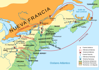 Mapa histórico de la zona de operaciones principales de la guerra franco-india