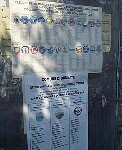 Afiche italiano que muestra los distintos partidos políticos en una elección al Parlamento Europeo.