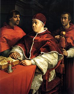Retrato de León X junto a dos cardenales pintado por Rafael