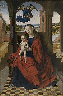 La Virgen con el Niño en un pórtico coronada por un ángel