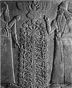 Relieve asirio que muestra querubines custodiando el árbol de la vida.