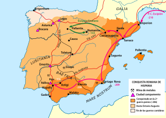 Mapa histórico de la conquista romana de Hispania y sus principales fundaciones urbanas.