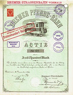 Acción de la Bremer Pferde-Bahn, emitida el 16 de noviembre de 1886