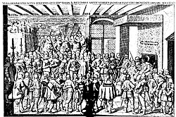 Cristián IV nombra caballeros en el salón verde del castillo de Copenhague en 1634