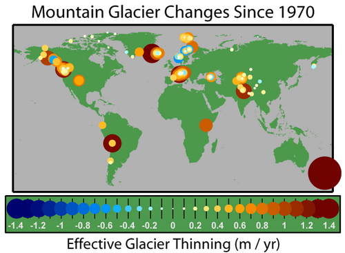 Mapa del balance de cambios de los glaciares de montaña desde 1970