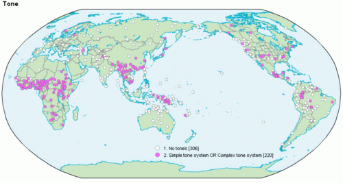 Mapa mundial que muestra la distribución geográfica de las lenguas tonales
