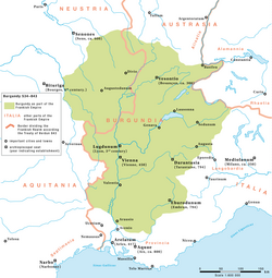 Mapa de Borgoña como parte del reino franco entre 534 y 843.