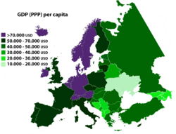Mapa de naciones europeas según renta per cápita