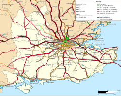Representación cartográfica detallada de la región del Sudeste de Inglaterra.