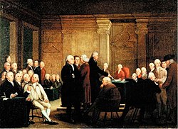 Cuadro de Robert Edge Pine que representa el momento en que el Segundo Congreso Continental vota la Declaración de Independencia.
