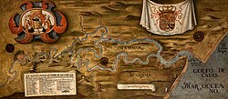 Ilustración histórica del río Guadalquivir en 1760 con elementos heráldicos