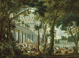 Pintura de 1667 obra de Ehrenberg que muestra a Odiseo en el palacio de Circe con figuras de animales añadidas por Ruthart