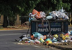 Contenedor repleto de bolsas de basura en una calle