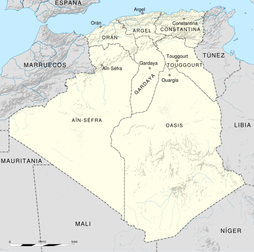 Mapa de la división administrativa de Argelia al comienzo de la guerra