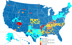 Mapa de condados secos en Estados Unidos.