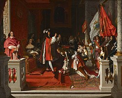 Pintura histórica que representa a Felipe V concediendo el Toisón de Oro a James Fitz-James tras la victoria de Almansa, obra de Ingres.