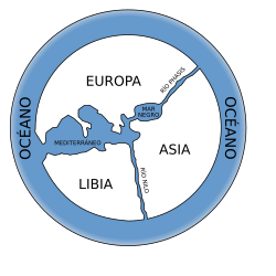 Ilustración del posible aspecto del primer mapa del mundo ideado por Anaximandro