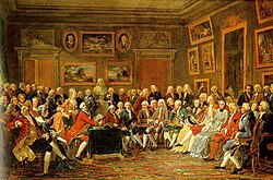 Pintura de Charles Gabriel Lemonnier que representa la lectura de una tragedia de Voltaire en el salón de madame Geoffrin.