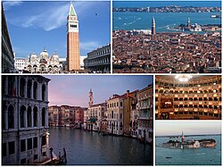 Collage que muestra la Piazza San Marco, el Gran Canal y otras vistas de Venecia