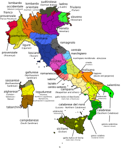 Mapa lingüístico de las variedades italorromances, galoitálicas y sardas