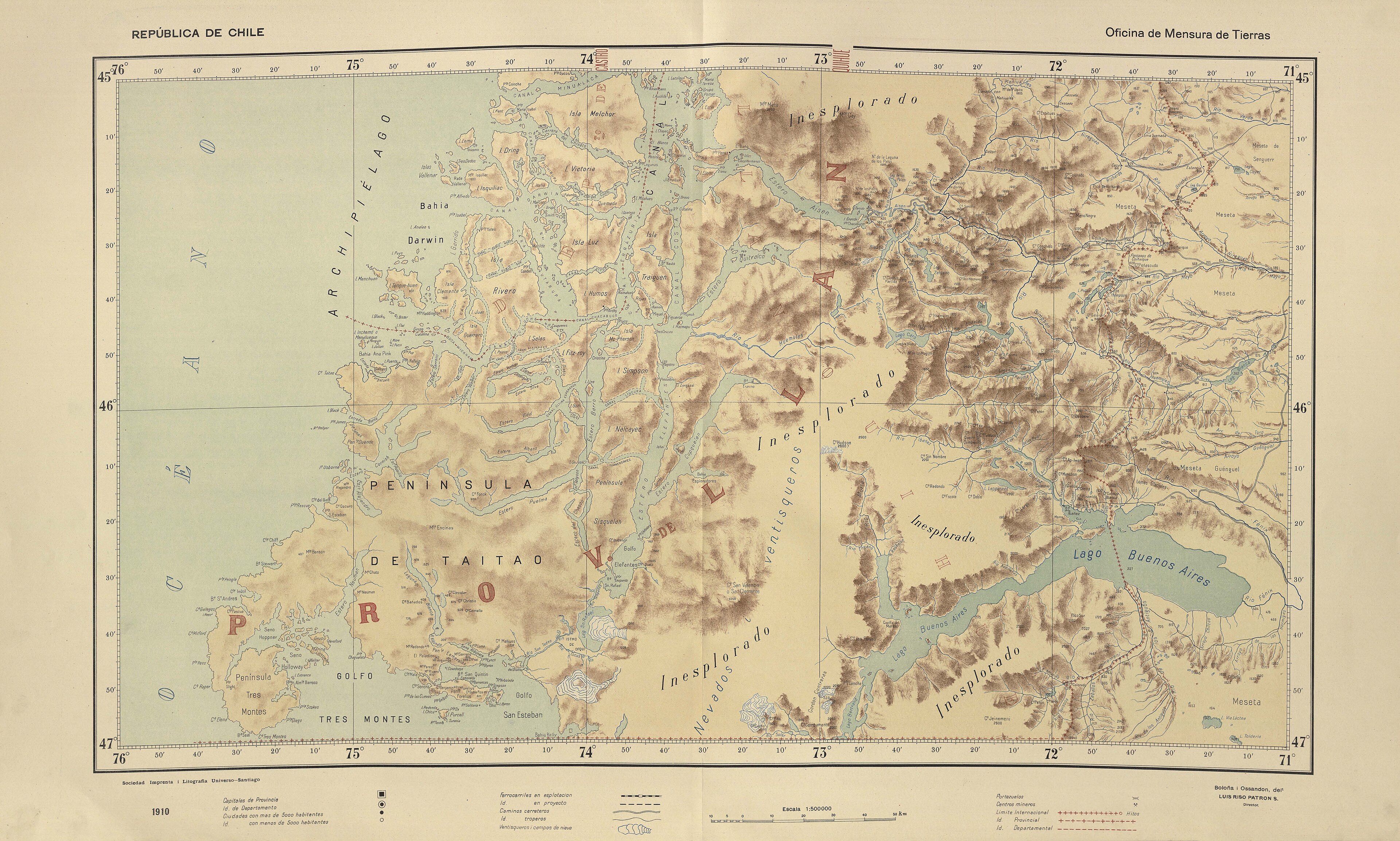 Mapa histórico de Luis Risopatrón de 1910 que muestra la región de Aysén y el territorio circundante.