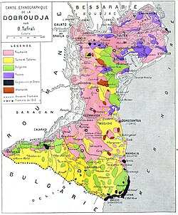 Mapa de la Dobrudja con indicación de minorías étnicas en 1937
