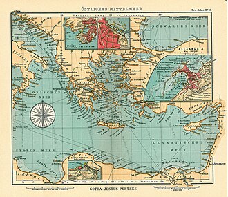 Mediterráneo oriental en un mapa alemán de 1906 que muestra puertos como Alejandría, el Pireo, Corinto y Odessa.