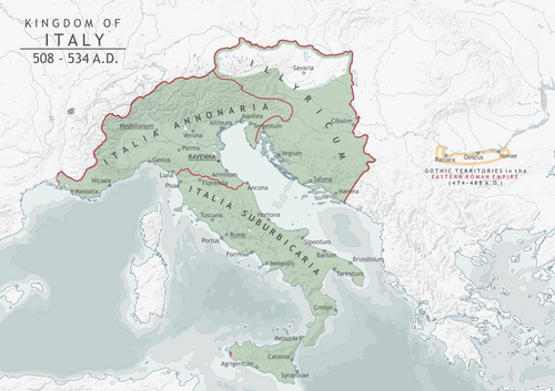 Mapa histórico que ilustra el territorio del reino ostrogodo de Italia.