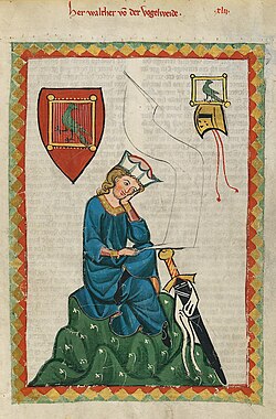 Representación de Walther von der Vogelweide en el Codex Manesse, c. 1300.