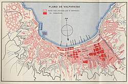 Plano de Valparaíso destacando zonas dañadas por el terremoto e incendios