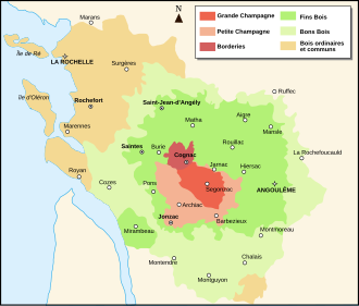 Mapa detallado con los diferentes crus del coñac en la región francesa.