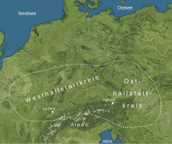 Mapa físico de la extensión de la cultura de Hallstatt