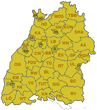 Mapa de distritos de Baden-Wurtemberg