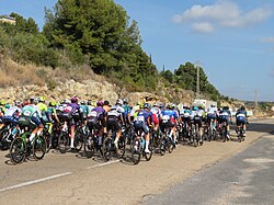 Carrera ciclista con pelotón en movimiento