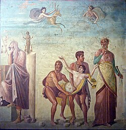Representación del sacrificio de Ifigenia en una pintura pompeyana