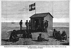 Grabado de 1885 que muestra a Emilio Bonelli y miembros de la Sociedad Española de Africanistas