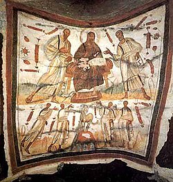 Representación artística de Cristo entre Pedro y Pablo