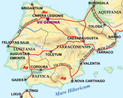 Mapa de las vías de comunicación romanas en Hispania