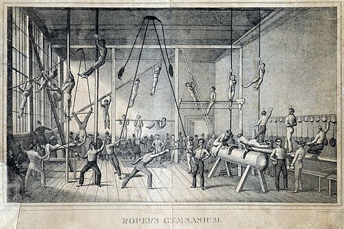 Interior de un gimnasio histórico en Filadelfia en el siglo XIX