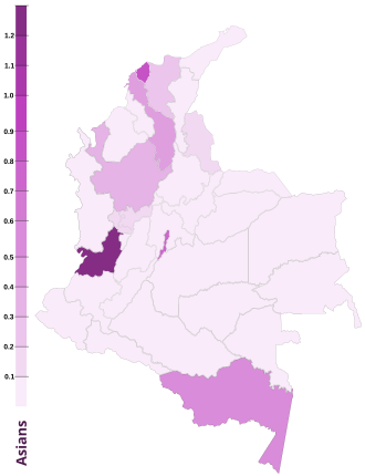 Proyección de descendientes de asiáticos por departamento en Colombia