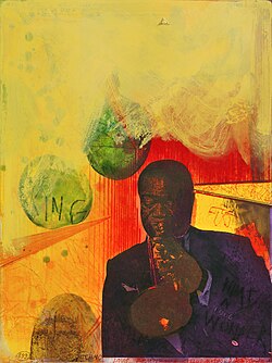 Aguafuerte coloreado de Louis Armstrong por Adi Holzer