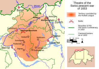 Mapa territorial de la Antigua Confederación Suiza y los cantones afectados en 1653