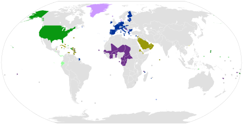 Mapa mundial del uso y vinculación del dólar estadounidense